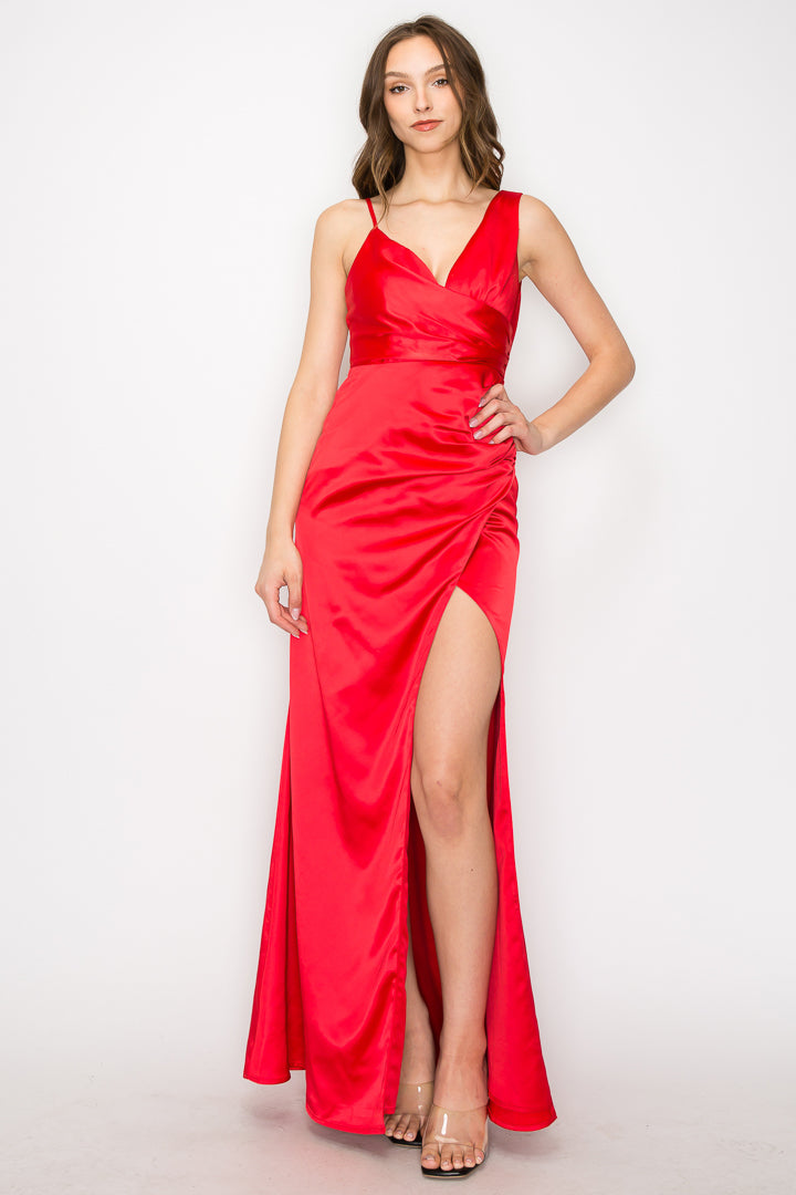 Satin Deep Back V-Neck Dress W/Slit