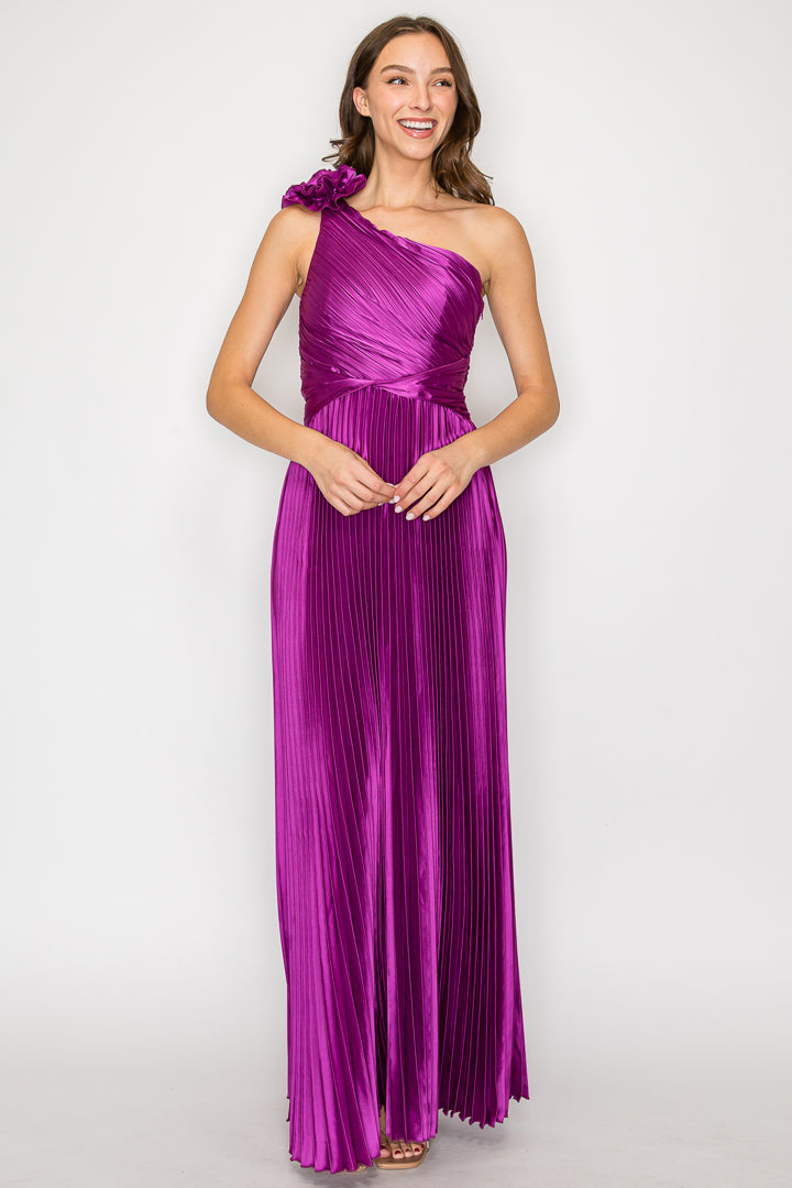 Pleated One Shoulder Adjustable Rose Gown