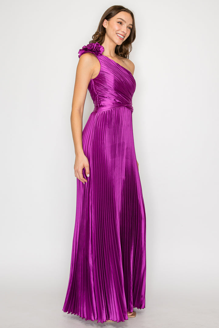 Pleated One Shoulder Adjustable Rose Gown