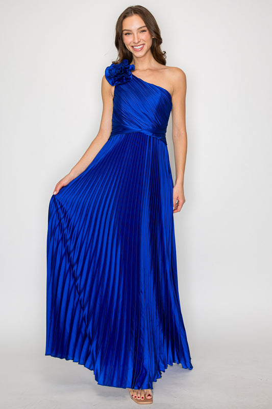 Pleated One Shoulder Adjustable Rose Gown