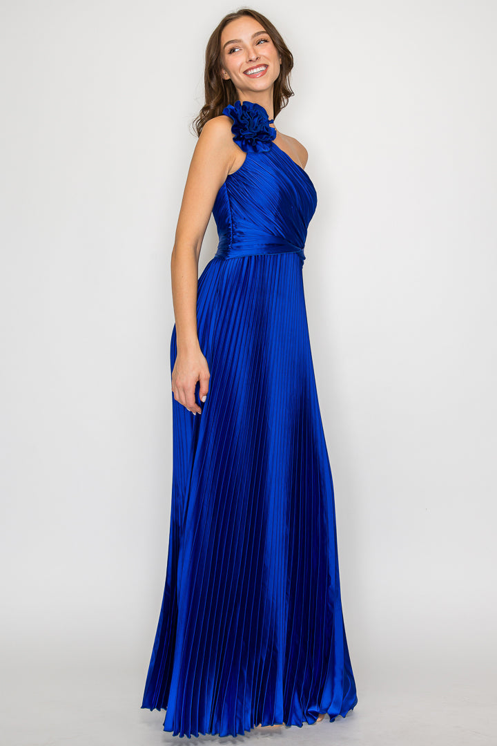 Pleated One Shoulder Adjustable Rose Gown