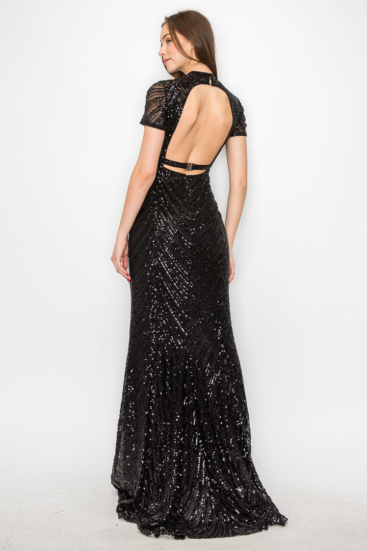 Sequin Short Sleeve Gown With Open Back