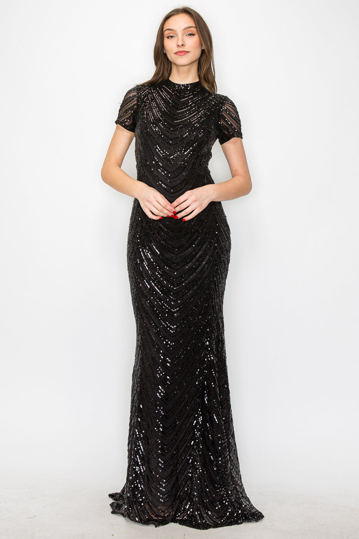 Sequin Short Sleeve Gown With Open Back