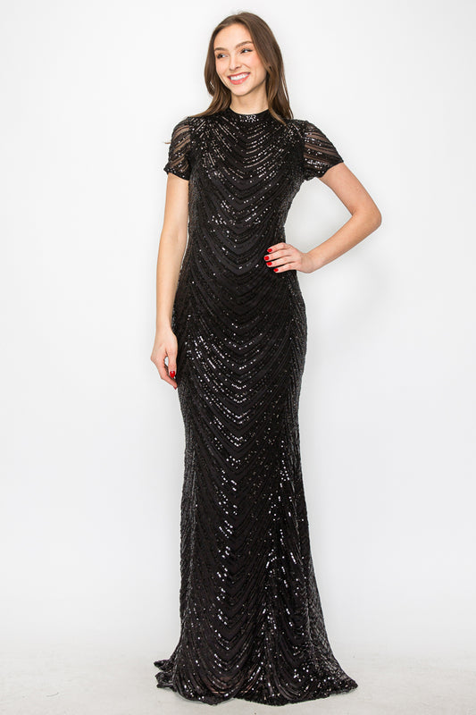 Sequin Short Sleeve Gown With Open Back