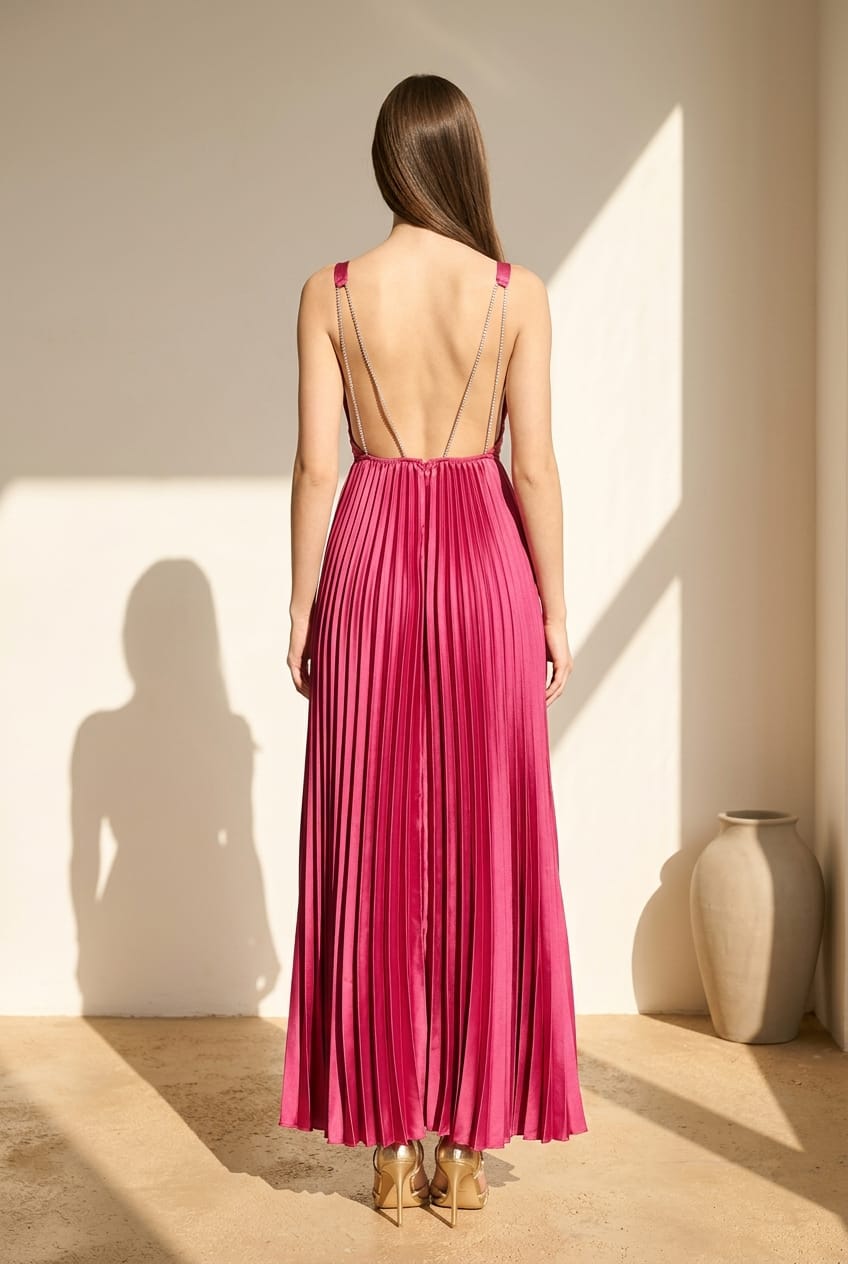 Ava Pleated Satin Maxi With Rhinestone Trim