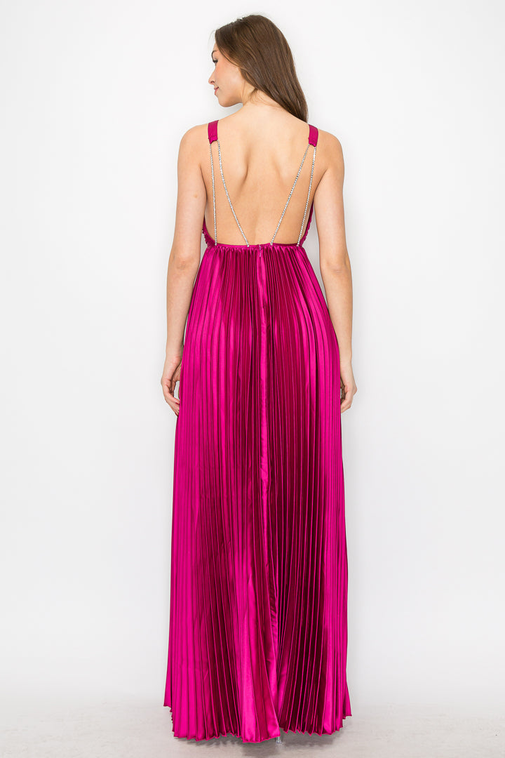 Ava Pleated Satin Maxi With Rhinestone Trim