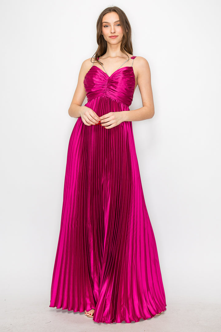 Ava Pleated Satin Maxi With Rhinestone Trim