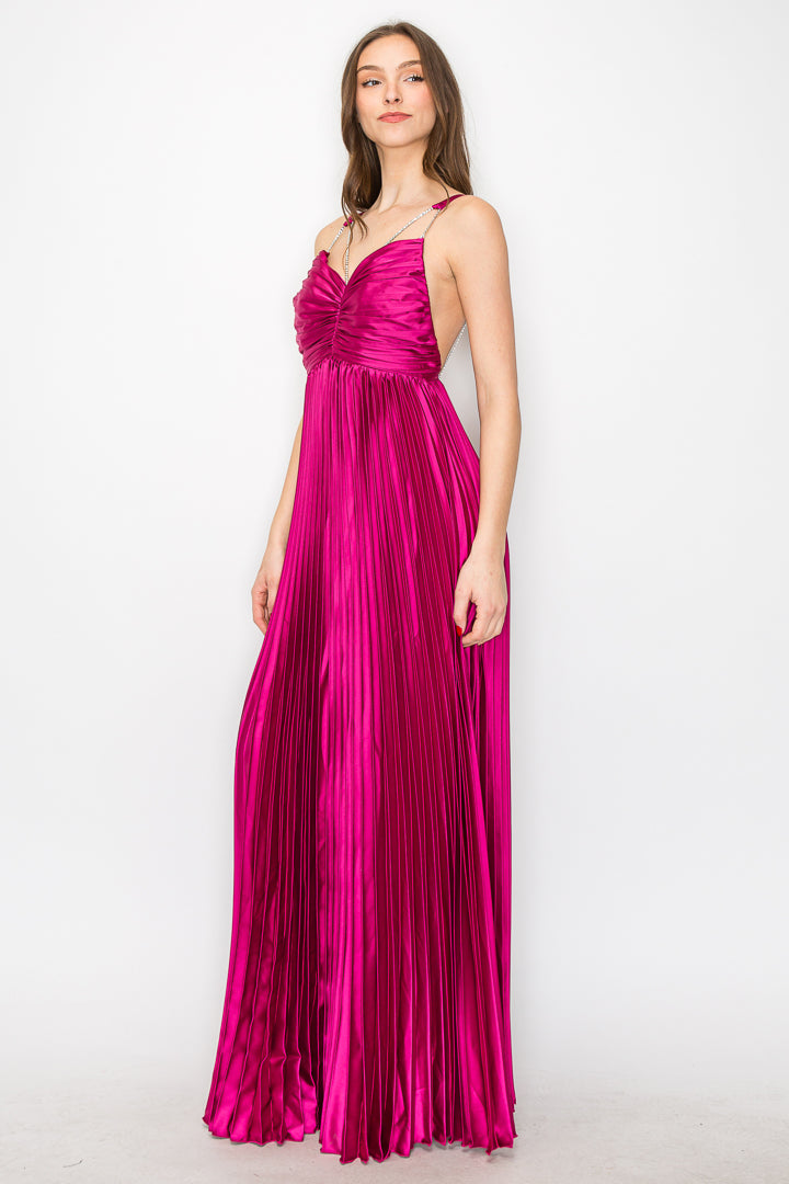 Ava Pleated Satin Maxi With Rhinestone Trim