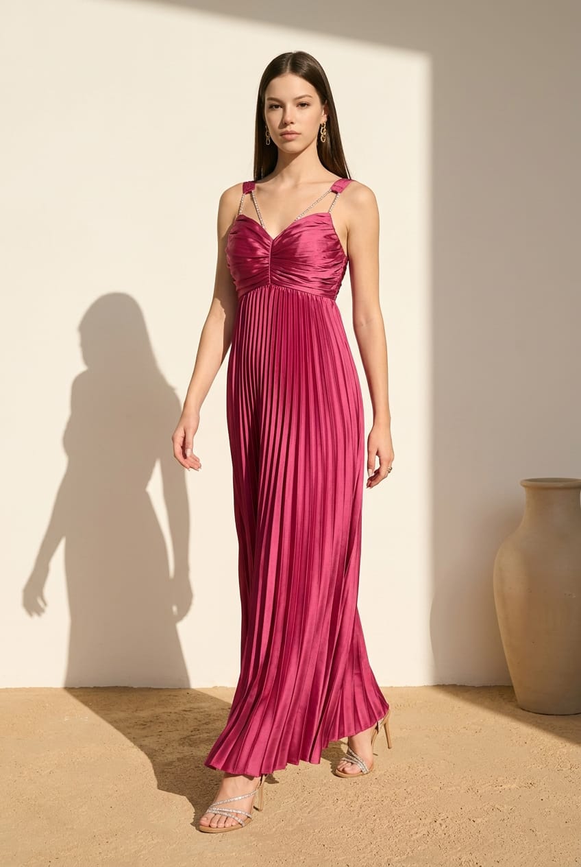 Ava Pleated Satin Maxi With Rhinestone Trim