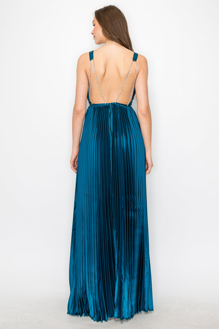 Ava Pleated Satin Maxi With Rhinestone Trim