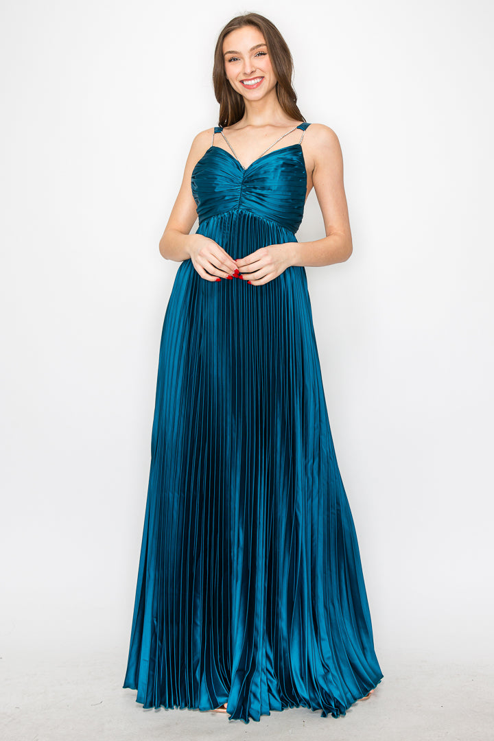 Ava Pleated Satin Maxi With Rhinestone Trim