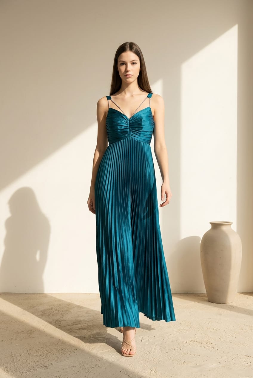 Ava Pleated Satin Maxi With Rhinestone Trim