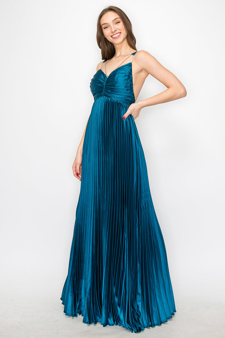 Ava Pleated Satin Maxi With Rhinestone Trim