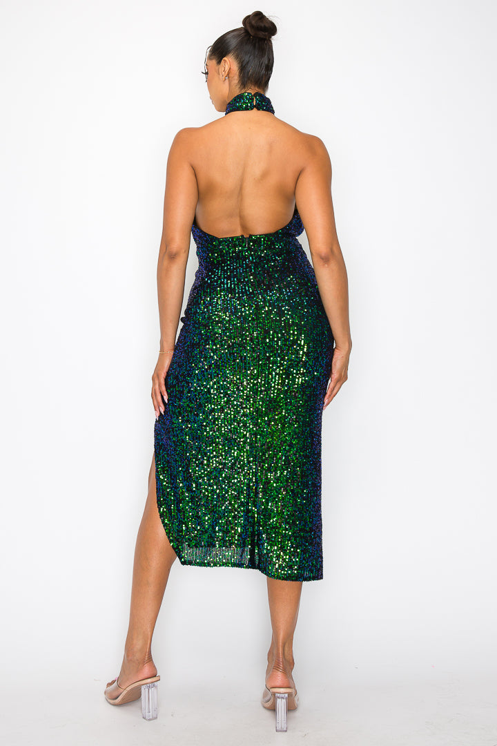 Open Back Sequin Halter Midi Dress W/Slit