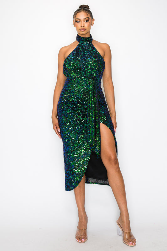 Open Back Sequin Halter Midi Dress W/Slit