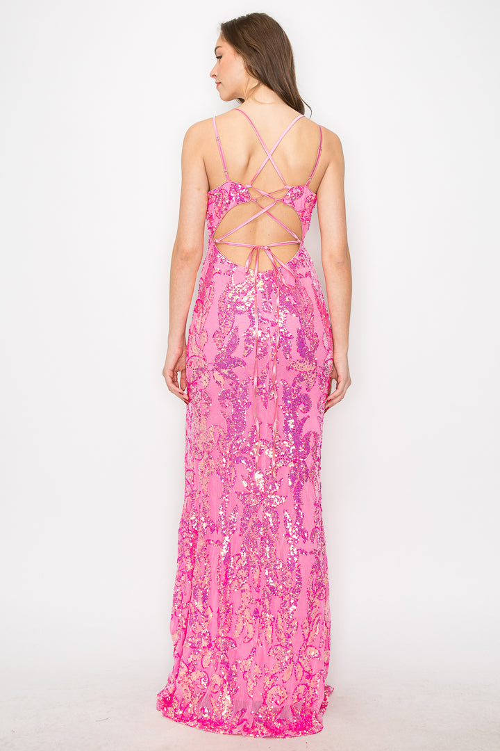 Kylie Sequin Gown with Lace-Up Back