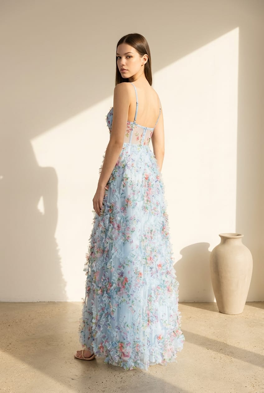 Dixie Printed Ruffle Mesh Gown