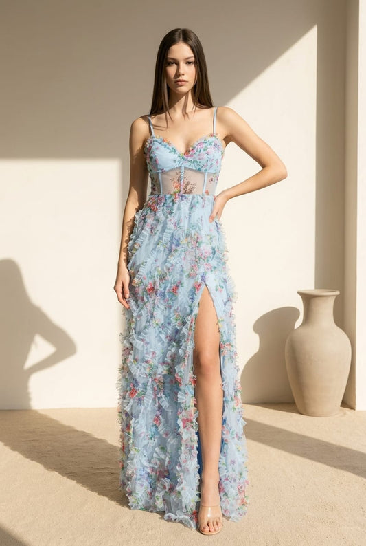 Dixie Printed Ruffle Mesh Gown