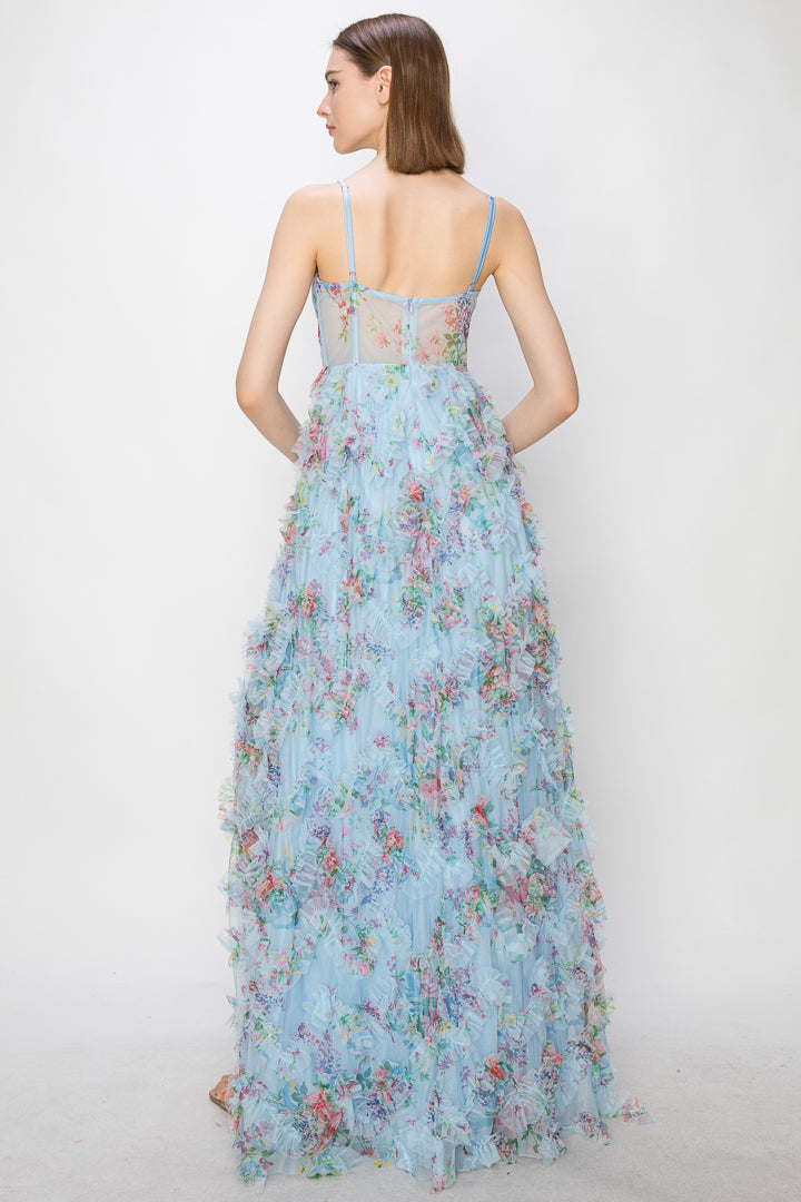 Dixie Printed Ruffle Mesh Gown