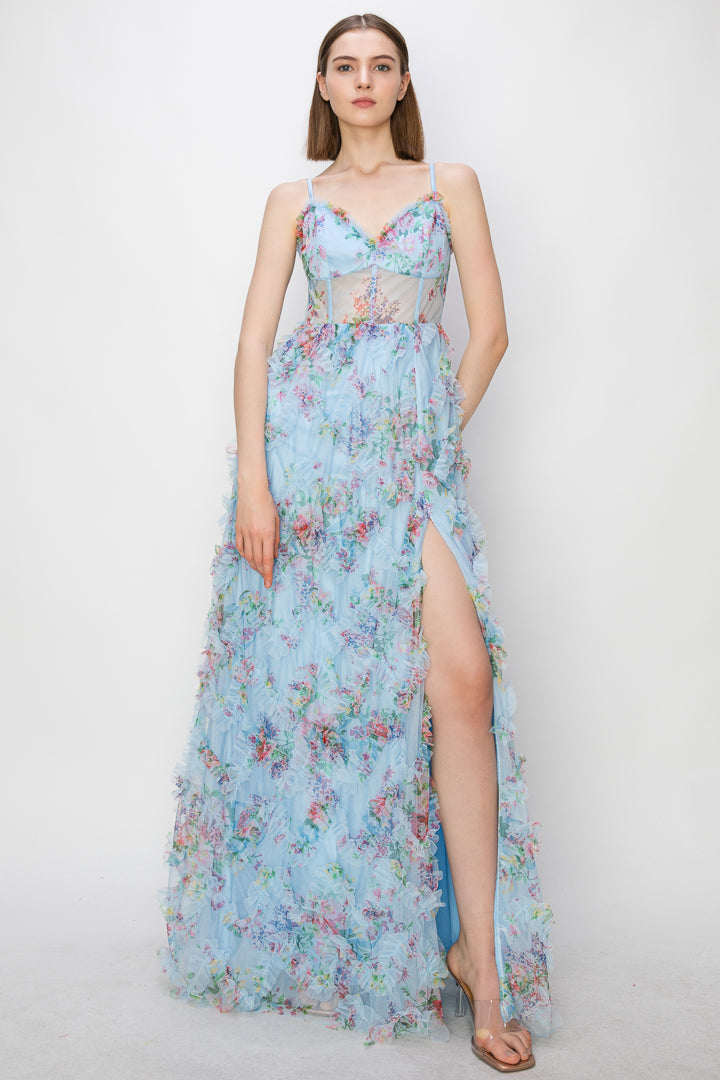 Dixie Printed Ruffle Mesh Gown