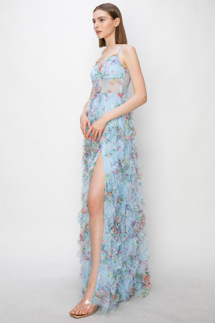 Dixie Printed Ruffle Mesh Gown