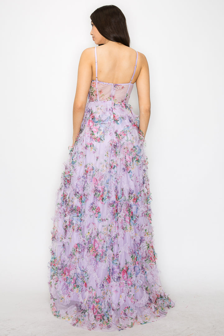 Dixie Printed Ruffle Mesh Gown