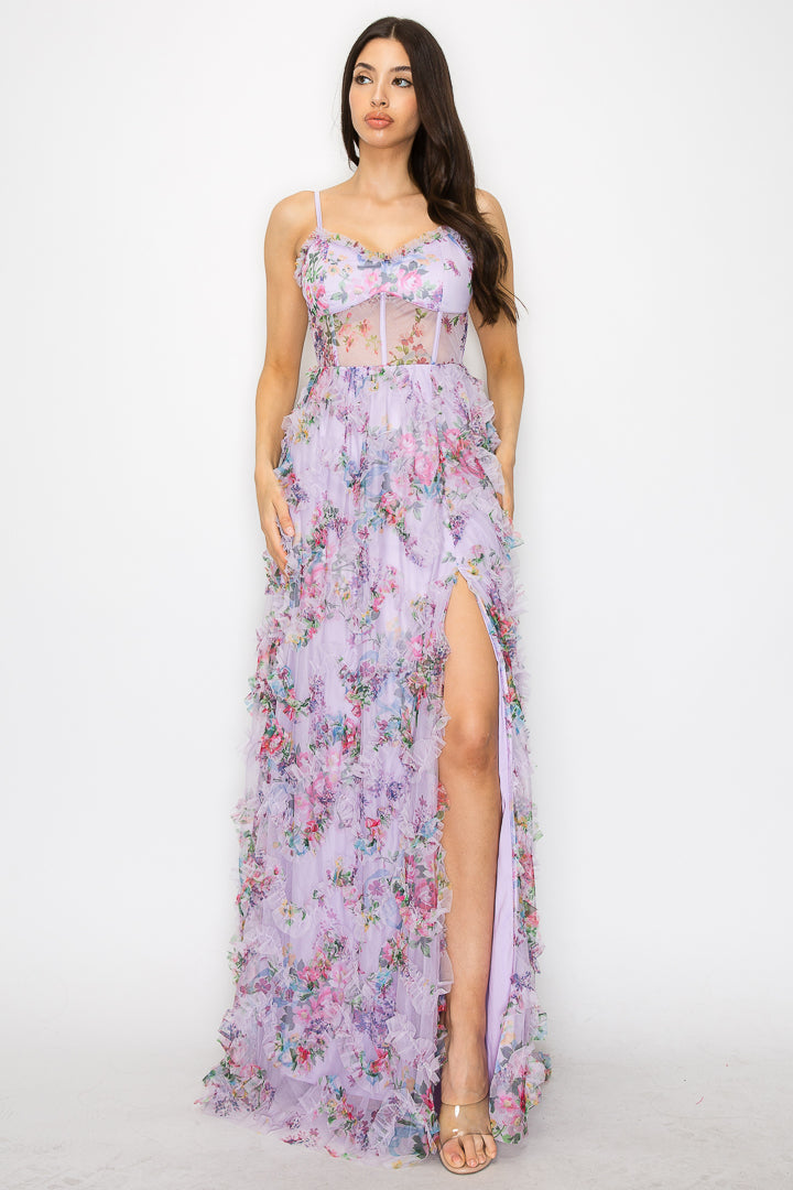 Dixie Printed Ruffle Mesh Gown