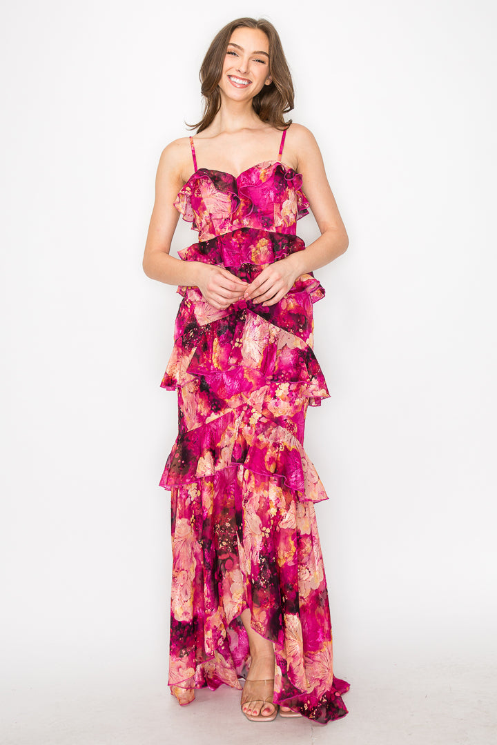 Floral Ruffle Tiered Gown