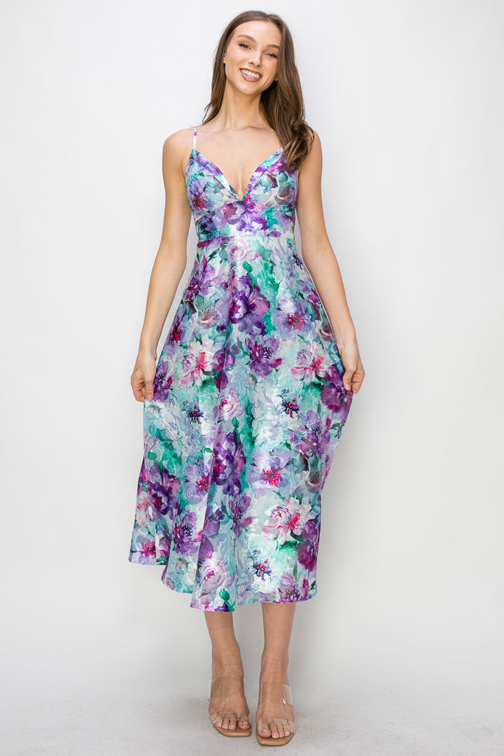 Floral Organza V-Neck Midi Dress W/ Pockets