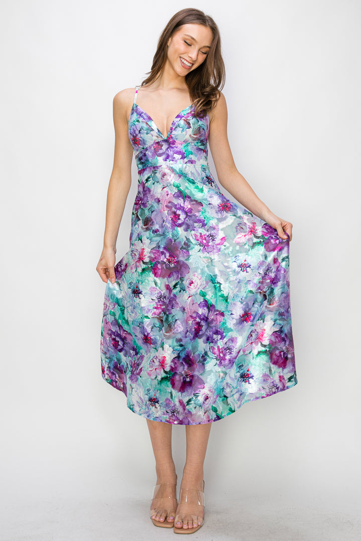 Floral Organza V-Neck Midi Dress W/ Pockets