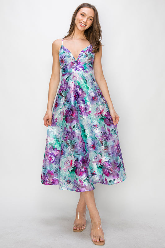 Floral Organza V-Neck Midi Dress W/ Pockets