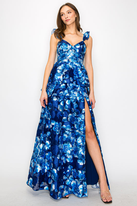 Selena Printed Burnout Organza With Ruffle Shoulder And Peplum