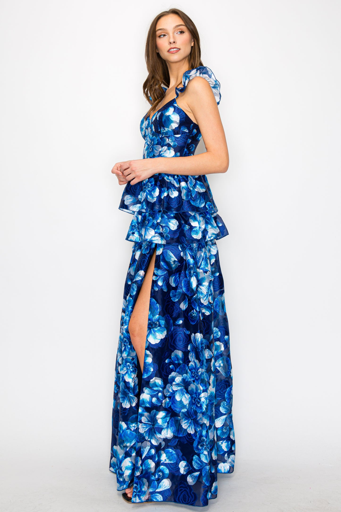 Selena Printed Burnout Organza With Ruffle Shoulder And Peplum