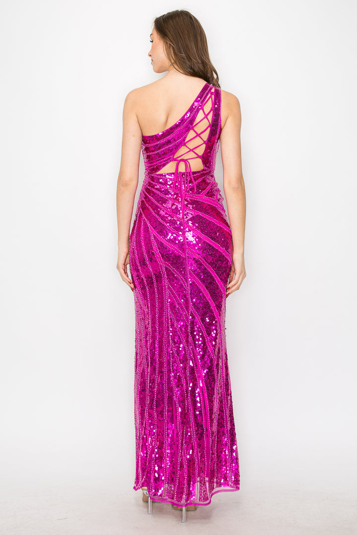 Tyra One-Shoulder Sequin Maxi Dress With Lace Up Back