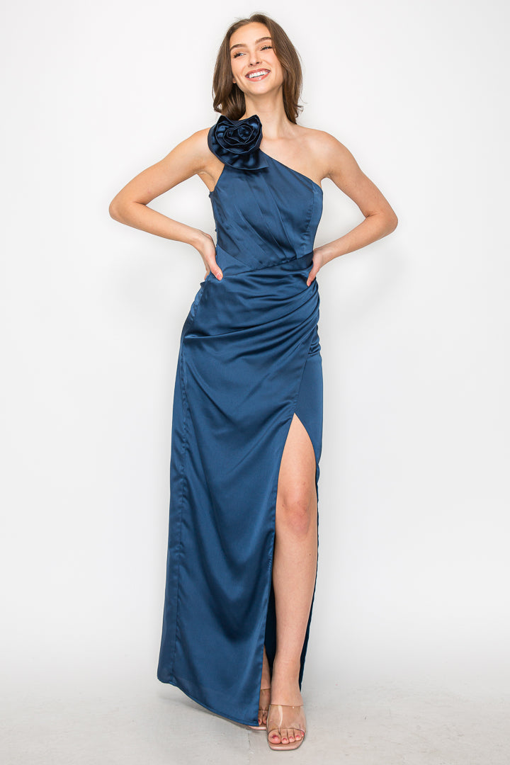 Satin One Shoulder Flower Gown W/Slit