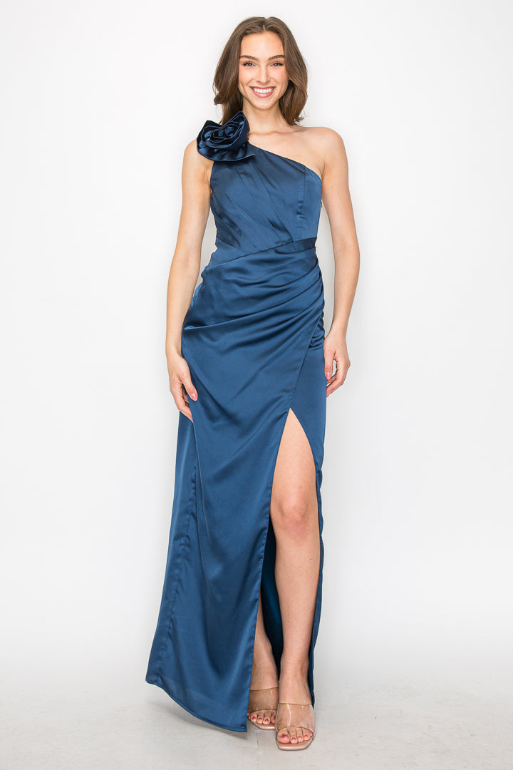 Satin One Shoulder Flower Gown W/Slit