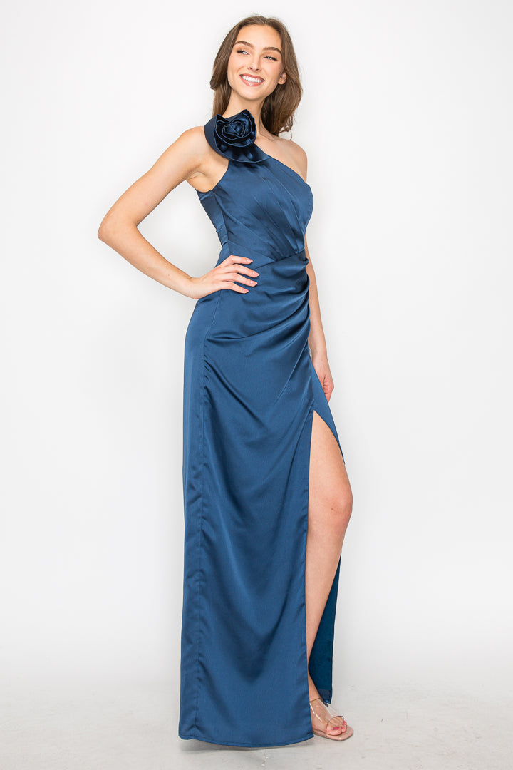 Satin One Shoulder Flower Gown W/Slit