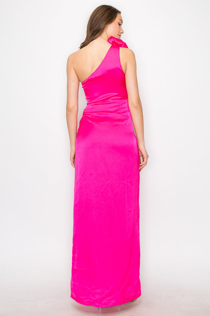 Satin One Shoulder Flower Gown W/Slit