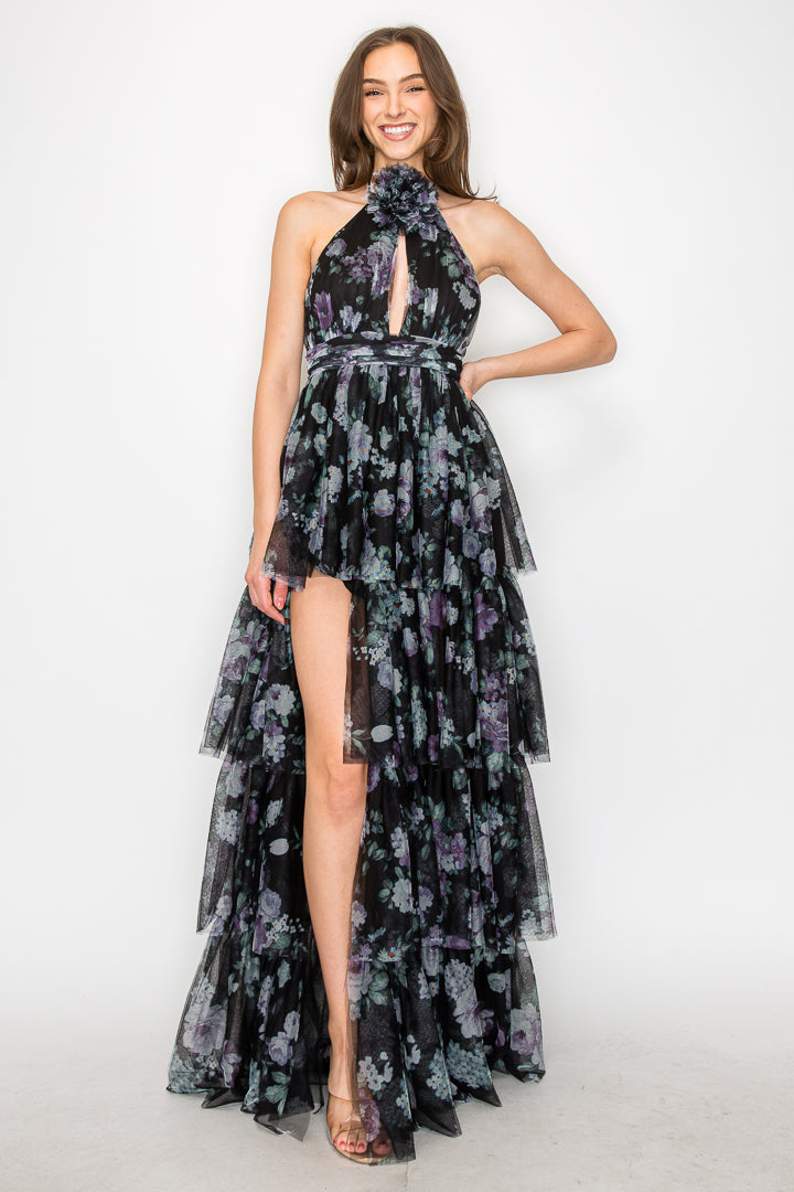 Floral Halter Tiered Gown W/ Slit