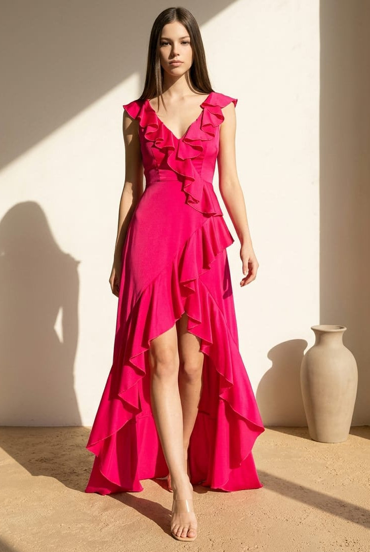 Leah Satin Ruffle High-Low Gown