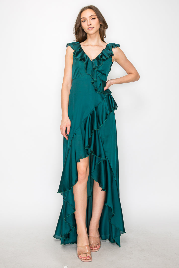 Satin Ruffle High Low Gown