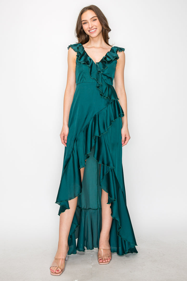 Satin Ruffle High Low Gown