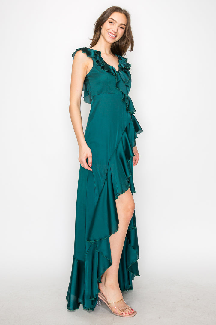 Satin Ruffle High Low Gown