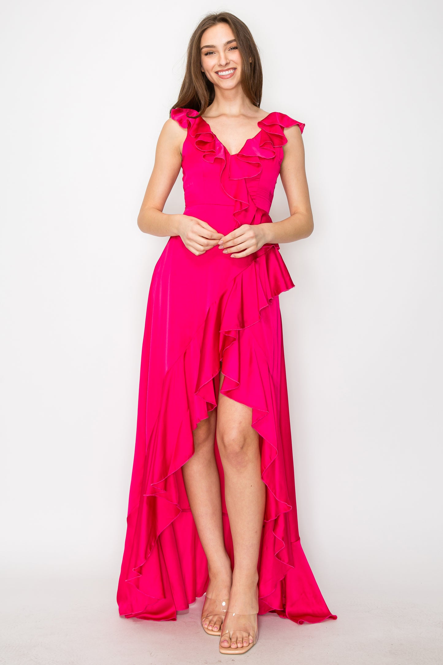 Satin Ruffle High Low Gown