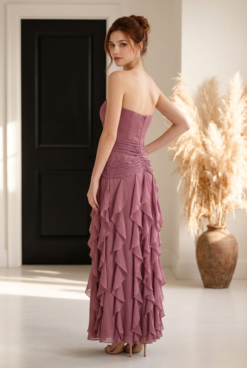 Rosy Shiny Yoru Maxi Ruffle Dress