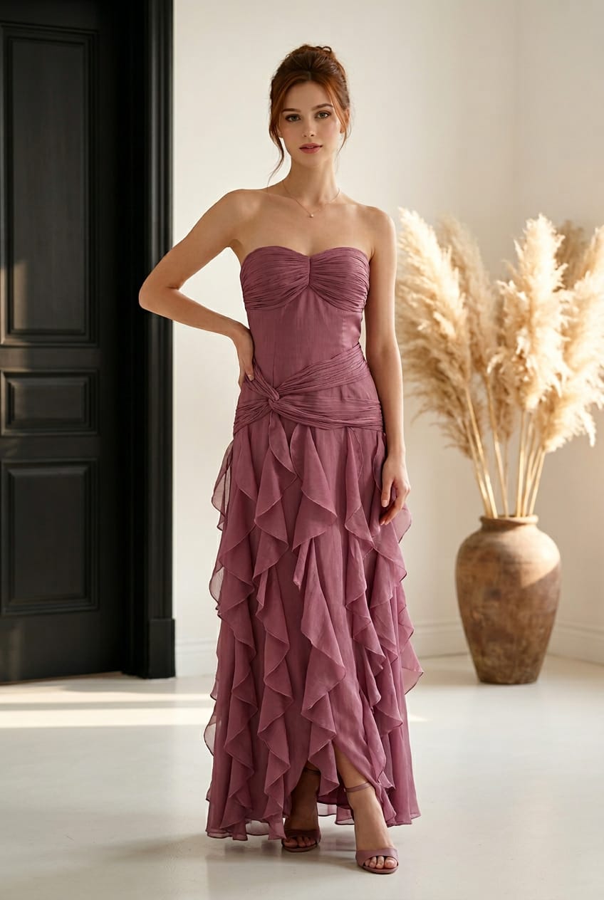 Rosy Shiny Yoru Maxi Ruffle Dress