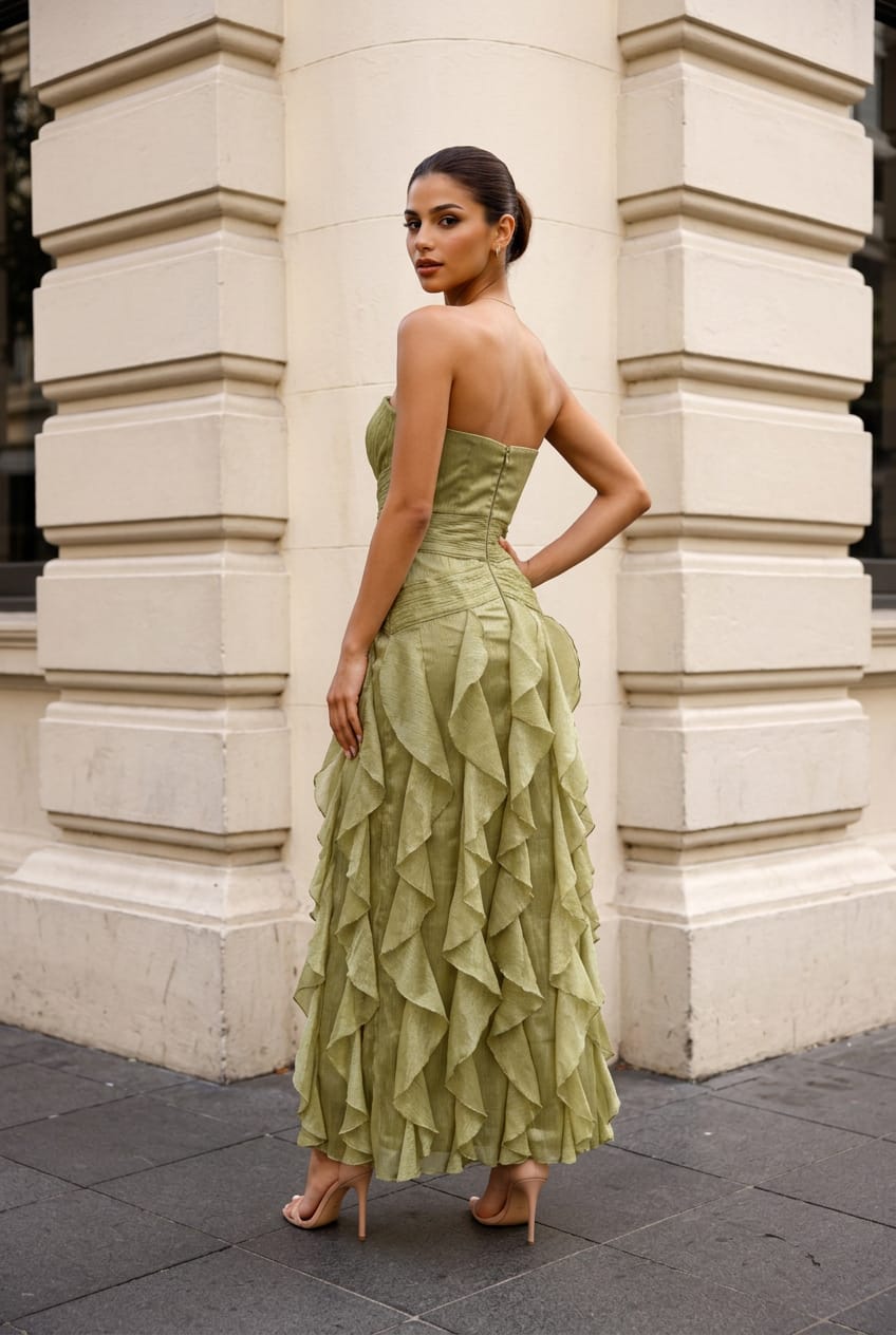 Rosy Shiny Yoru Maxi Ruffle Dress