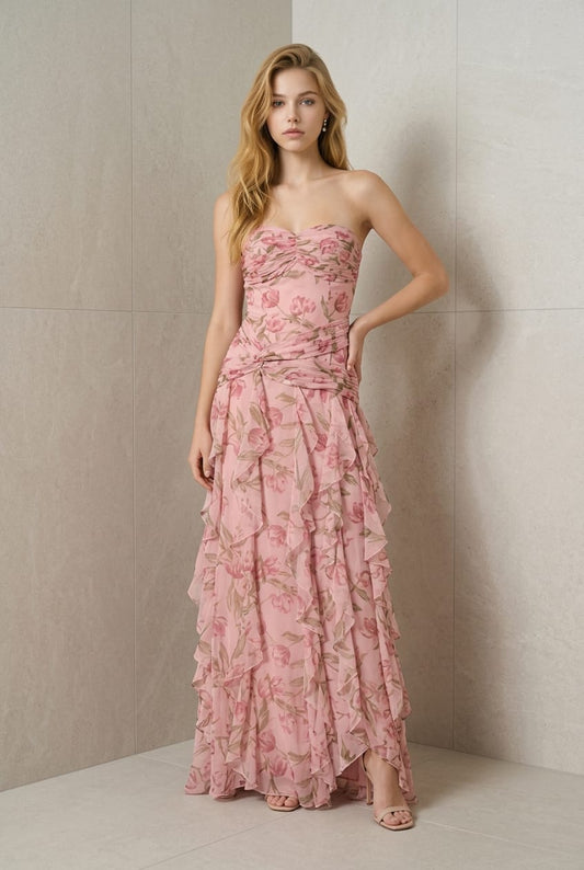 Floral maxi ruffle detail dress with removable straps