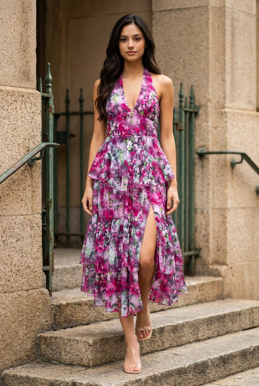 Chloe Floral Halter Tiered Midi Dress