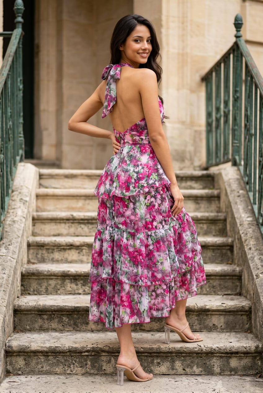 Chloe Floral Halter Tiered Midi Dress